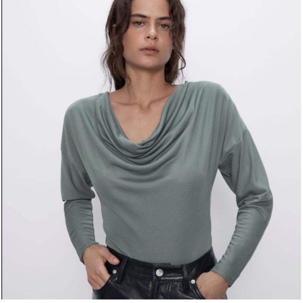 Zara Cowl Neck Green Long Sleeve Bodysuit Sz L EUC